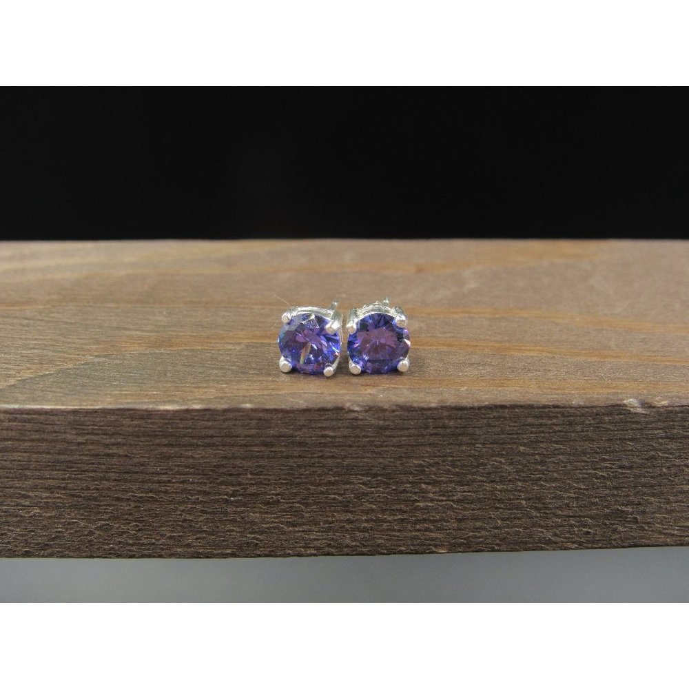 Sterling Silver 6mm Round Purple CZ Stud Earrings Vintage Wedding Engagement
